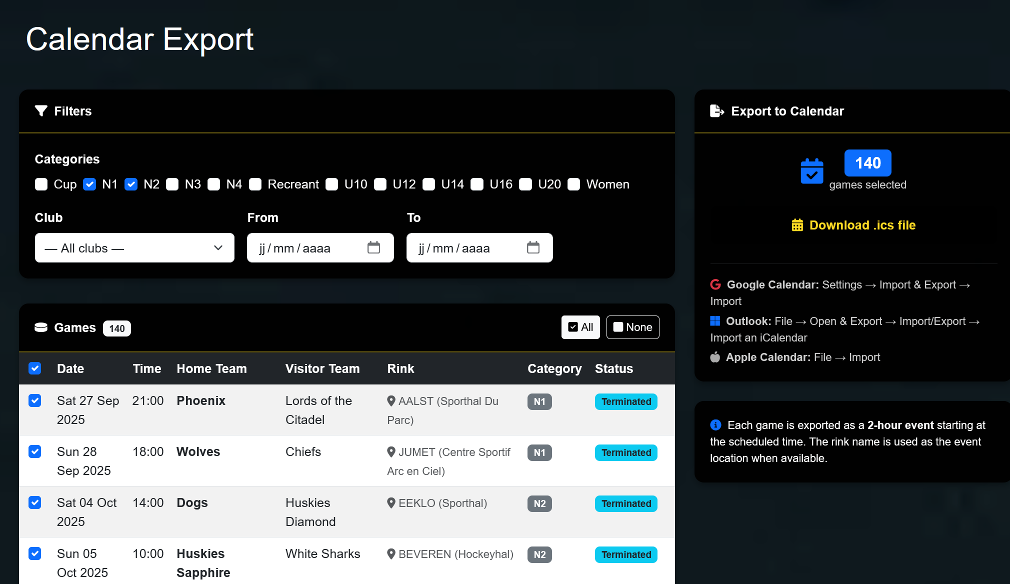 Calendar Export page overview